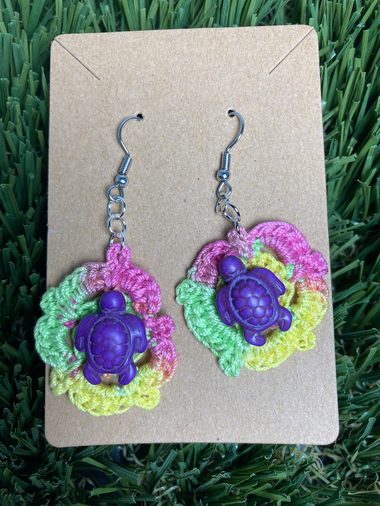 Medium Crocheted Earring + Purple Turtle Charm
