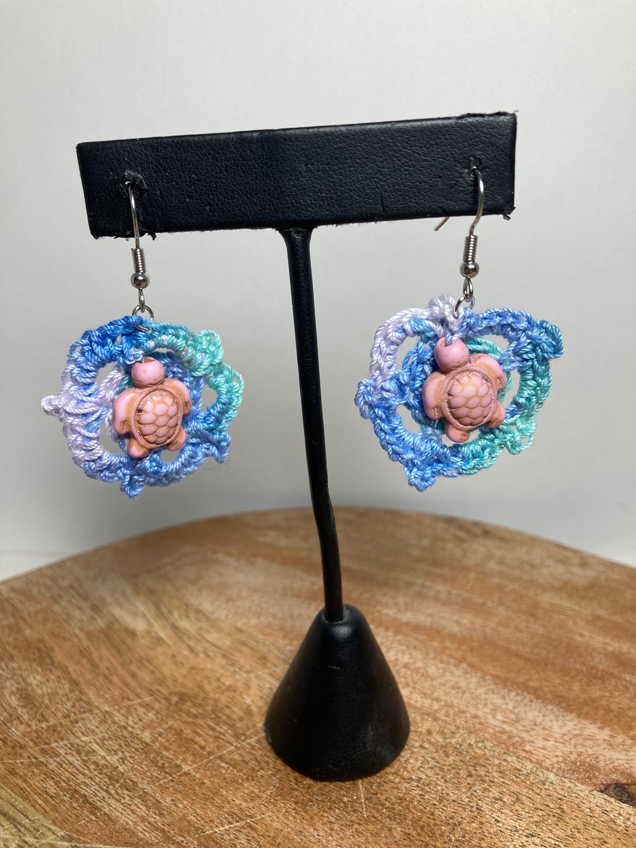 Medium Crocheted Earring + Pink Turtle Charm
